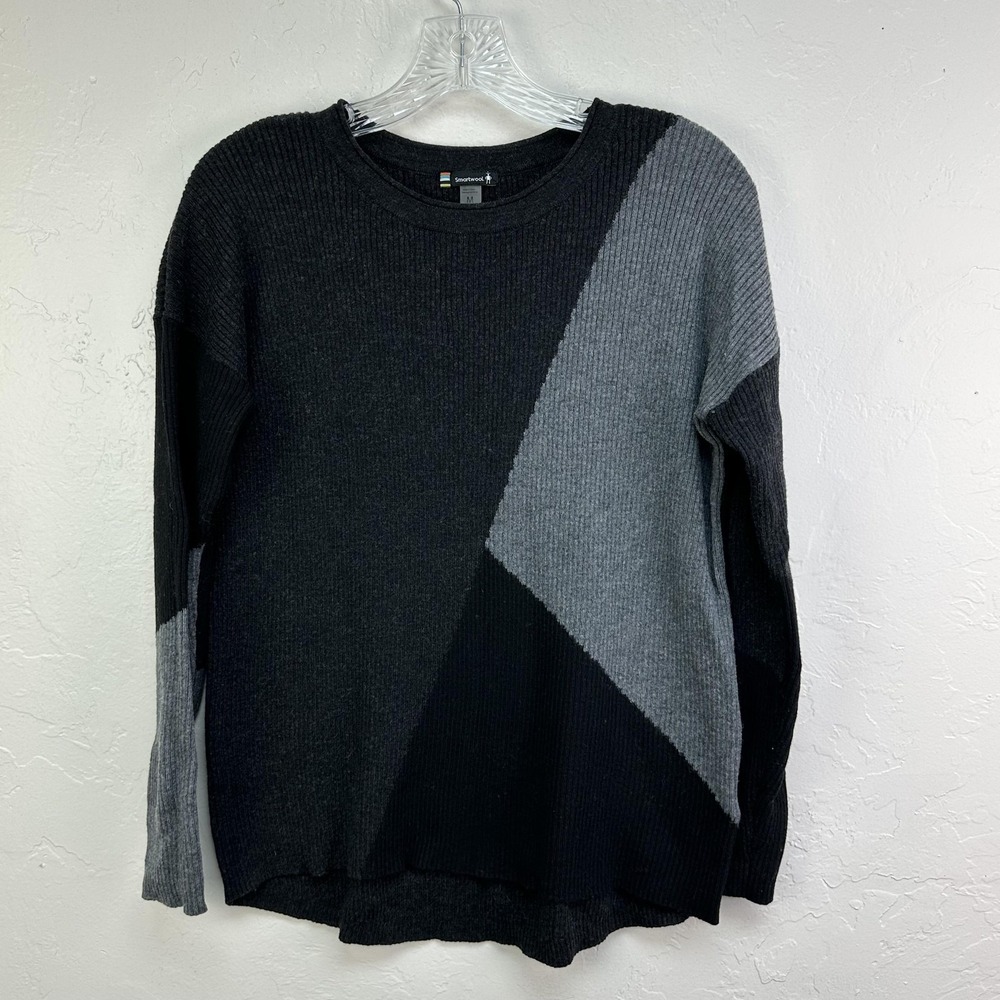 Smartwool Sweater Womens Medium Black Gray Merino Wool Blend Colorblock Ribbed